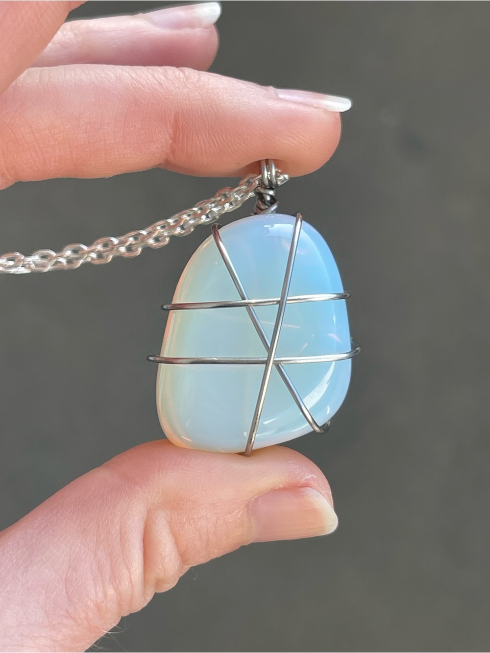 Milky Opalite Stainless Steel Wire Wrap Necklace on Silver Tone Chain